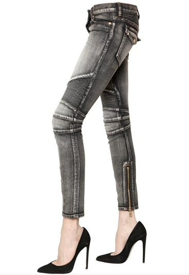 BALMAIN QUILTED STRETCH DENIM BIKER JEANS